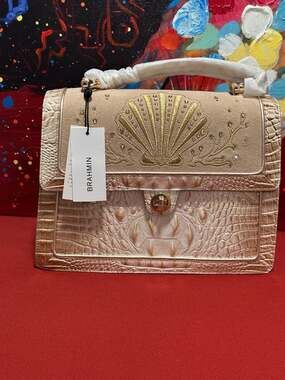 Brahmin Hallie Birch Del Mar Leather Satchel with Seashell Embroidery